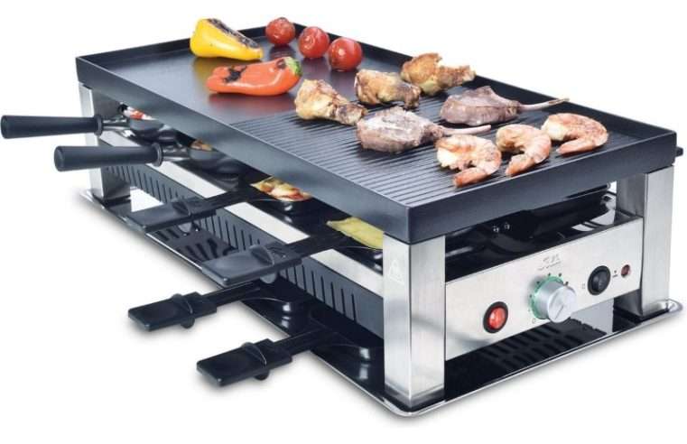 Мултифункционална електрическа скара Solis, 5 в 1 Table Grill SCH 791, с 8 раклета и 8 уок тигана, включена чиния за палачинки или палачинки и шпатули, незалепваща повърхност за готвене без мазнина, 1400 W