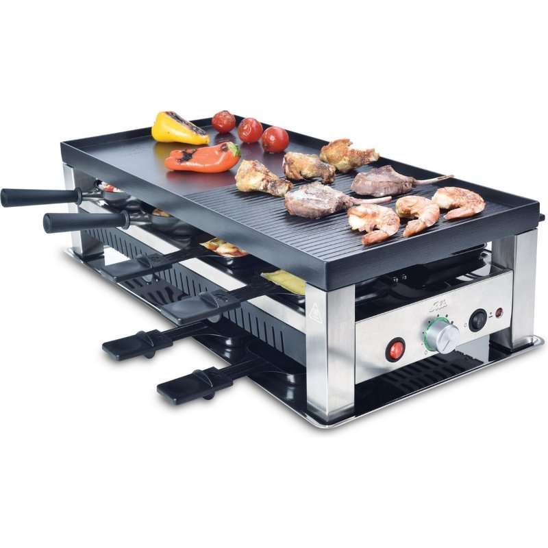 Мултифункционална електрическа скара Solis, 5 в 1 Table Grill SCH 791, с 8 раклета и 8 уок тигана, включена чиния за палачинки или палачинки и шпатули, незалепваща повърхност за готвене без мазнина, 1400 W