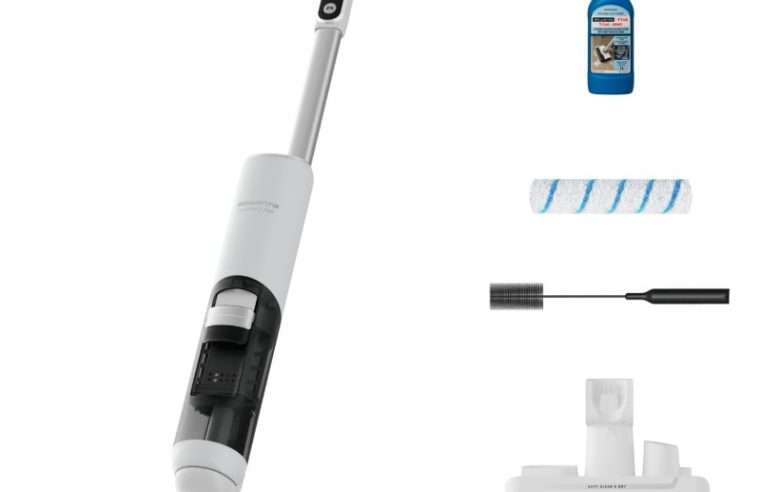 Вертикална безжична прахосмукачка с функция за миене Rowenta X-Clean 5 Pro GZ5435E0, 250 W, 530 RPM, До 50 мин. Автономна работа, LED екран, Функция за сушене и самопочистване, Технология против заплитане, Съвместима с почистващи препарати, Бял/Черен