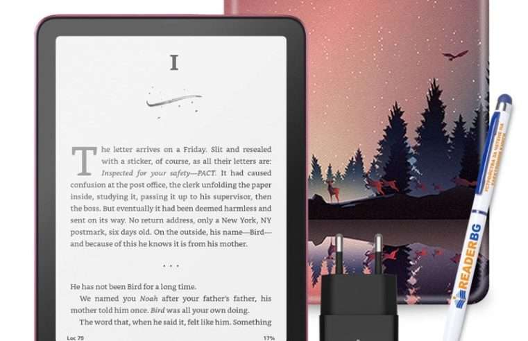 Комплект eBook четец Amazon Kindle Paperwhite 2024 (12th Gen), 32 GB, Дисплей 7″, Розов, Калъф Залез, 4 части