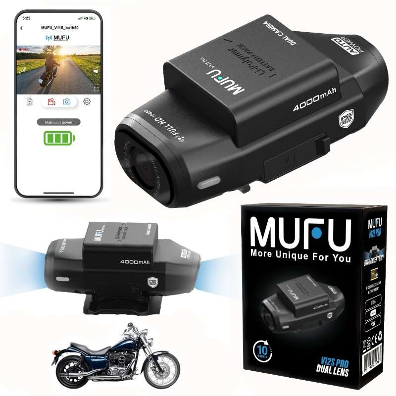 Видеокамера за мотоциклет MUFU V12S Pro, две камери 1080p, WiFi, водоустойчивост IP66, 4000 mAh, пълен комплект