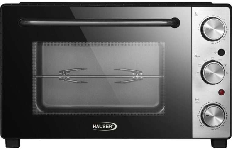 Hauser TO-3517 Грил, 1700W, 35 L, 120-минутен таймер, Долен и горен нагревател, 4-позиционен контрол, 100-230 градуса, Смесване на въздуха и функция за шиш, Черен/Неръждаема стомана