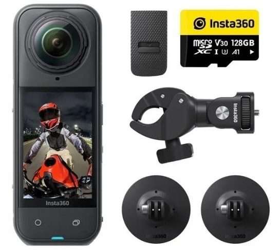 Екшън видеокамера Insta360 X5 Motorcycle Bundle, 360 градуса заснемане, 8K, Снимки 72 MP/18 MP, Wi-Fi, USB, 6-осен жироскоп, Bluetooth, Водоустойчива 15м Черна
