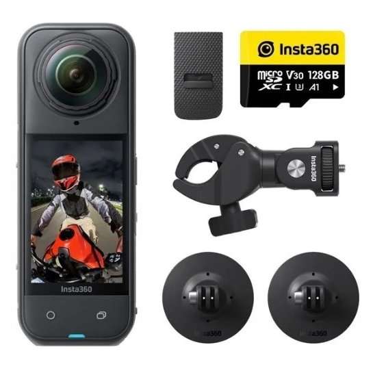 Екшън видеокамера Insta360 X5 Motorcycle Bundle, 360 градуса заснемане, 8K, Снимки 72 MP/18 MP, Wi-Fi, USB, 6-осен жироскоп, Bluetooth, Водоустойчива 15м Черна