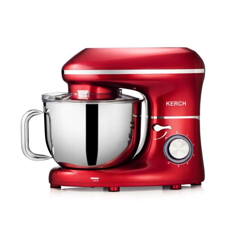 Планетарен кухненски робот Kerch MyCHEF VCFJ50DMFD, 2000 W номинална / 4000 W пикова мощност, Metal Gear, 6 скорости + PULSE, купа от неръждаема стомана 6,2 л, аксесоари: кука, бъркалка със силиконова шпатула, тел, червен