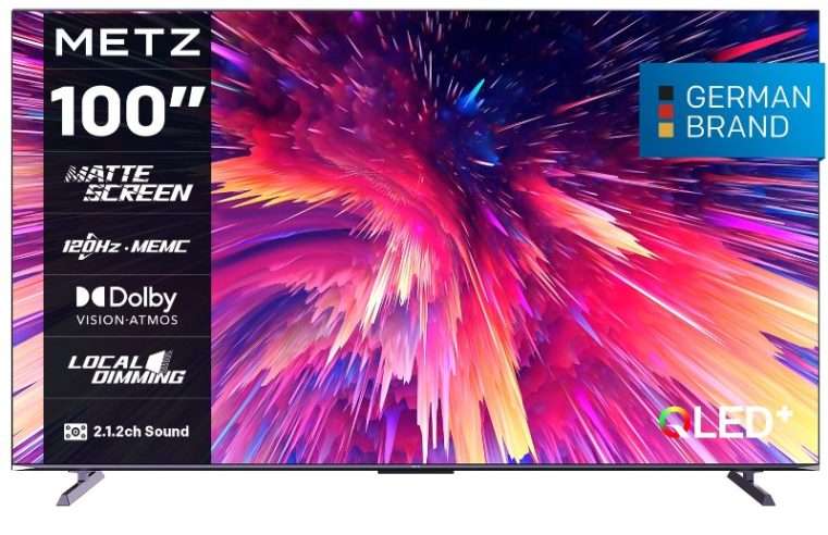 Телевизор METZ QLED 100MQE8500, 100″ (253 см), Smart Google TV, 4K Ultra HD, 100Hz, Клас F (Модел 2024)