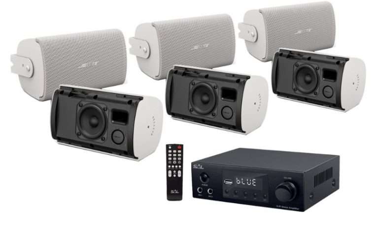 Амбиентна аудио система с 6 бели стенни високоговорителя Bose и приемник SAL BTA250