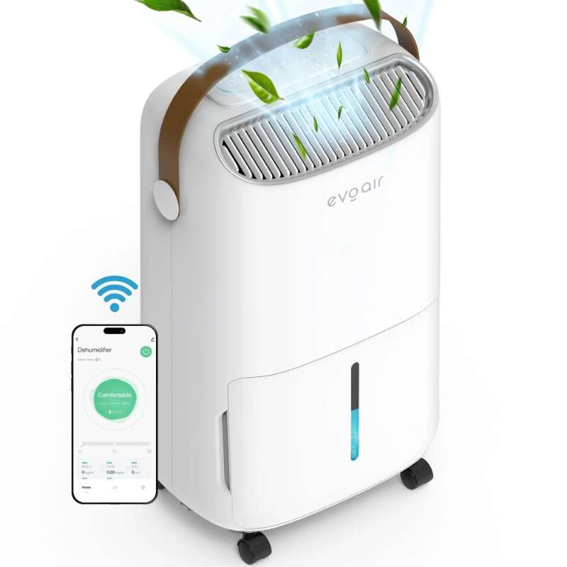 Изсушител Evoair, NovaDry 16 Smart, 16л/24ч, Сензор за влажност, Функция за йонизация, Сушене на дрехи, Резервоар 2.5л, UVC лампа, Бял, Кафява каишка
