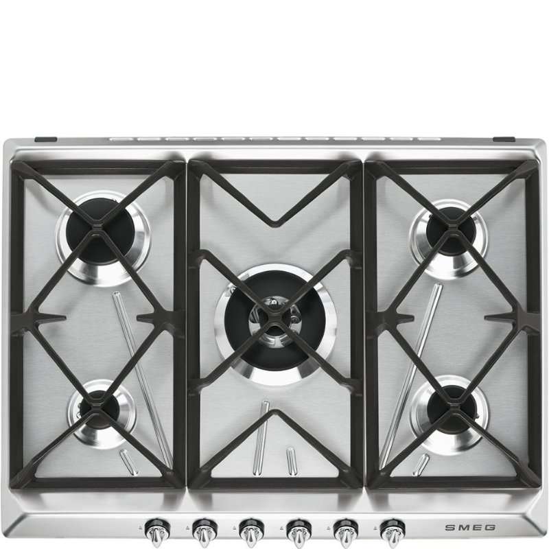Котлон за вграждане Smeg SR975XGH, Природен газ, 5 зони за готвене, 68,5 см, Ултра бърза горелка, Неръждаема стомана/Черен