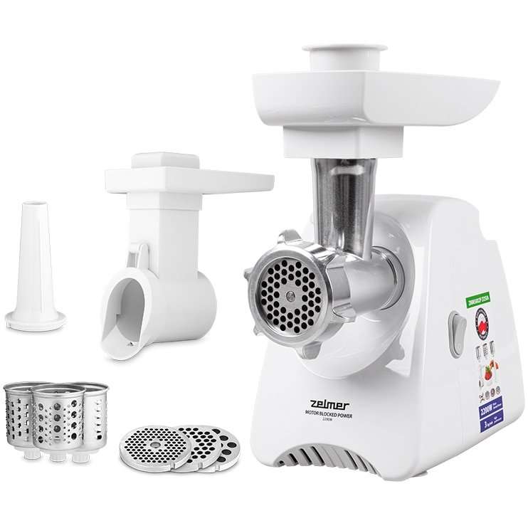 Месомелачка Zelmer ZMM5802, Мощност на мотора 2200W, Капацитет на смилане до 3 кг/мин, 3 сита, 3 рендета, Аксесоар за колбаси, Непхъзгащи се крачета, Бял