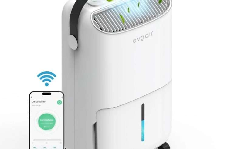 Изсушител за въздух Evoair, NovaDry 16 Smart, 16л/24ч, Сензор за влажност, Функция йонизация, Сушене на дрехи, Резервоар 2.5л, UVC лампа, Бял, Черна каишка