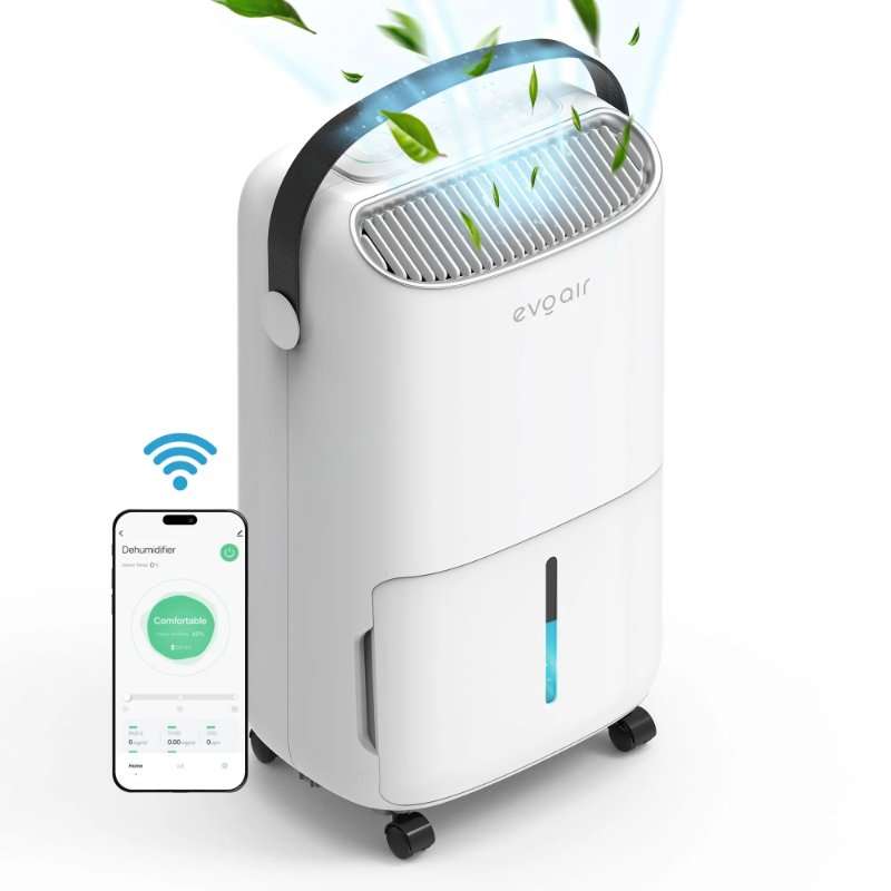 Изсушител за въздух Evoair, NovaDry 16 Smart, 16л/24ч, Сензор за влажност, Функция йонизация, Сушене на дрехи, Резервоар 2.5л, UVC лампа, Бял, Черна каишка