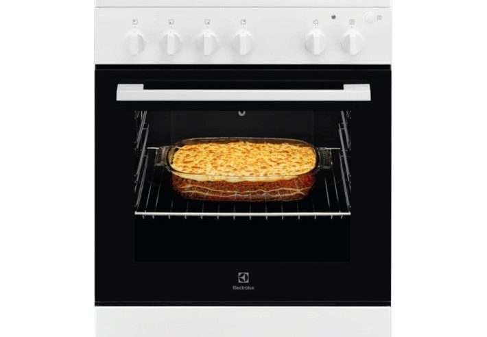 Готварска печка Electrolux LKG604013W, Газ, 4 горелки, Каталитично самопочистване, Механичен таймер, Вградено запалване на котлона и фурната, Електрическа скара, Грил, Осветление на фурната, 60 см, Бял