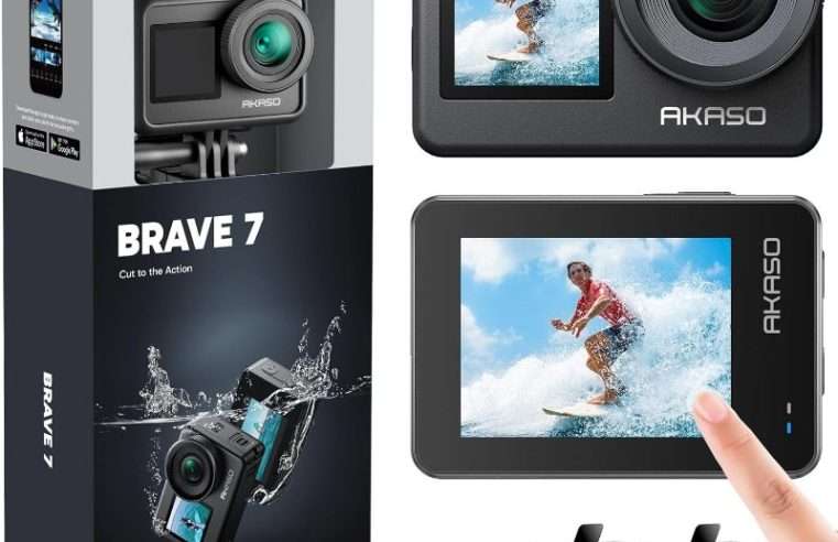AKASO Brave 7 Екшън камера, 4K 30FPS, 20MP, EIS 2.0, двоен екран, сензорен екран, мащабиране, гласово управление, водоустойчивост IPX8, WiFi, 256GB карта и 2 батерии 1350mAh