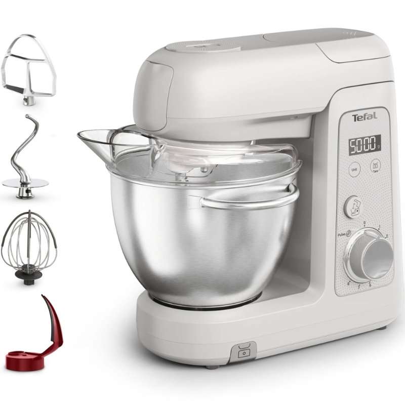 Кухненски робот Tefal Bake Partner+ QB540BF0, 1100 W, Капацитет на купата 4.6 л, 8 степени на скорост, Функция Pulse и Smart Bake Detect, Вграден кантар, Бъркалка, Кука за тежко тесто, Инокс, Сив