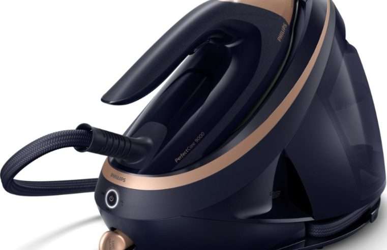 Парогенератор Philips PerfectCare серия 9000 PSG9050/20, 3100 W, 9 бара, 190 г/мин непрекъсната пара, 750 г парен удар, гладеща повърхност SteamGlide Elite, технология ActiveSense, обем на резервоара 1,8 л, златисто/черно