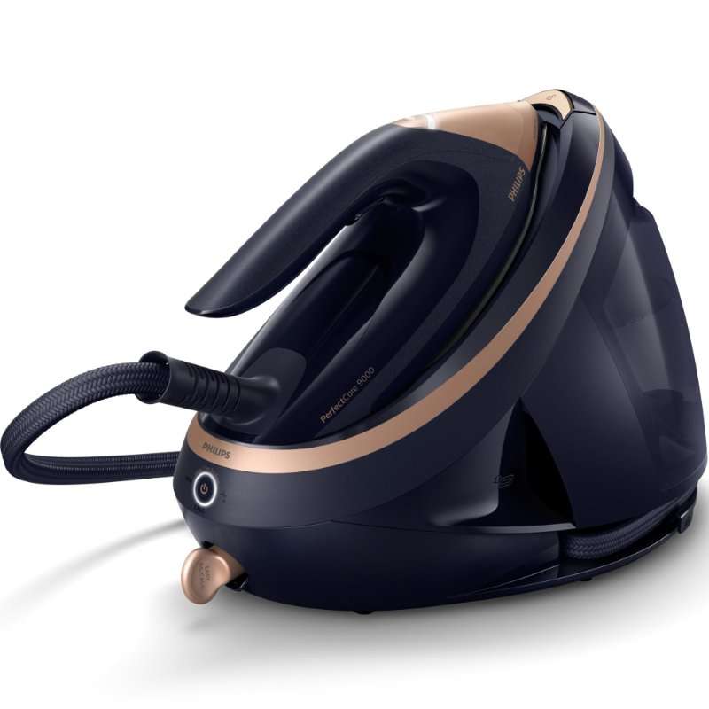 Парогенератор Philips PerfectCare серия 9000 PSG9050/20, 3100 W, 9 бара, 190 г/мин непрекъсната пара, 750 г парен удар, гладеща повърхност SteamGlide Elite, технология ActiveSense, обем на резервоара 1,8 л, златисто/черно