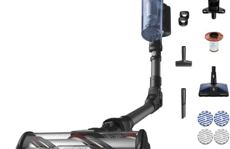 Вертикална прахосмукачка Rowenta X-Force Flex 12.60 NEO RH9LC1WO, С моп, 380W, 25.9V, Автономия 60 минути, Филтрация 99%, Контейнер за прах 0.65 л, Гъвкава тръба, LED четка, Контролен дисплей, Зарядна станция с държач за аксесоари, Син/Черен