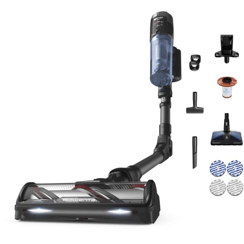 Вертикална прахосмукачка Rowenta X-Force Flex 12.60 NEO RH9LC1WO, С моп, 380W, 25.9V, Автономия 60 минути, Филтрация 99%, Контейнер за прах 0.65 л, Гъвкава тръба, LED четка, Контролен дисплей, Зарядна станция с държач за аксесоари, Син/Черен