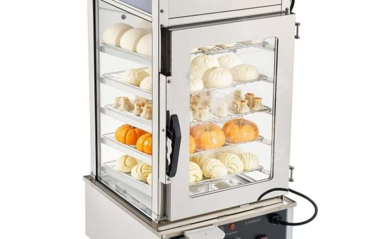 VEVOR Търговски нагревател за храна на 5 нива 120 L 30 до 110 °C, 1200 W парен фурна LED осветление и регулируеми рафтове и рамка от неръждаема стомана, витрина за затопляне на хляб, хамбургери, мантоу