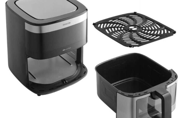 Фритюрник без мазнина Sencor SFR 9000SS, 1700 W, 9 L, 7 програми, таймер 60 мин, функция SHAKE, осветен прозорец, цветен екран, незалепваща кошница, черен/сребрист, 1 бр