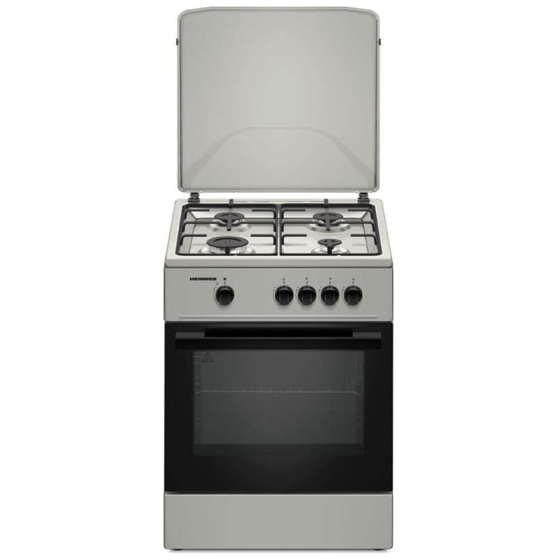 Готварска печка HEINNER HFSC-K6060SL, Газ, 4 горелки, Електрическо запалване, Включени дюзи за пропан-бутан, Тава и хромирана скара 60 см Сребрист