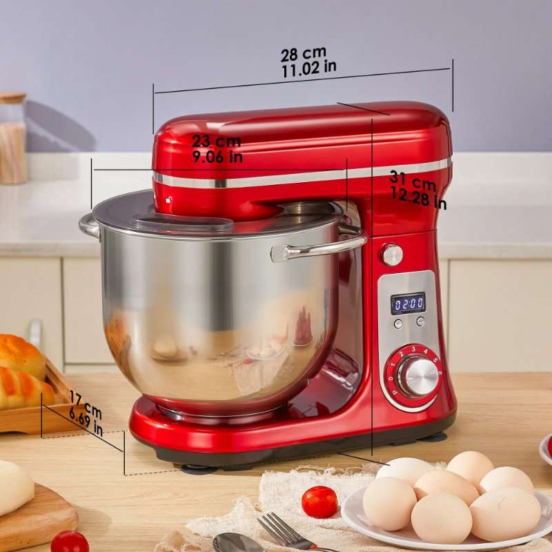 Планетарен миксер с купа, BM601, 1200 W, 6 скорости, Купа от неръждаема стомана 6 L, Безшумен DC мотор, 240 V, ЕС щепсел, Червен