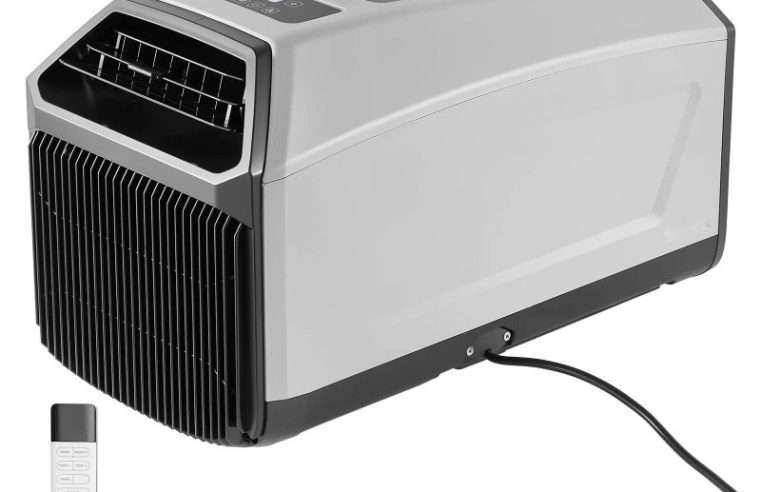 Преносим климатик за къмпинг, AC уред за палатка, Мощност 3340 BTU (~1 kW), Дебит на въздуха 150 m³/h, Регулируема температура 16-32 °C, Дистанционно управление и тъч панел, Нисък шум, Тъмно сив