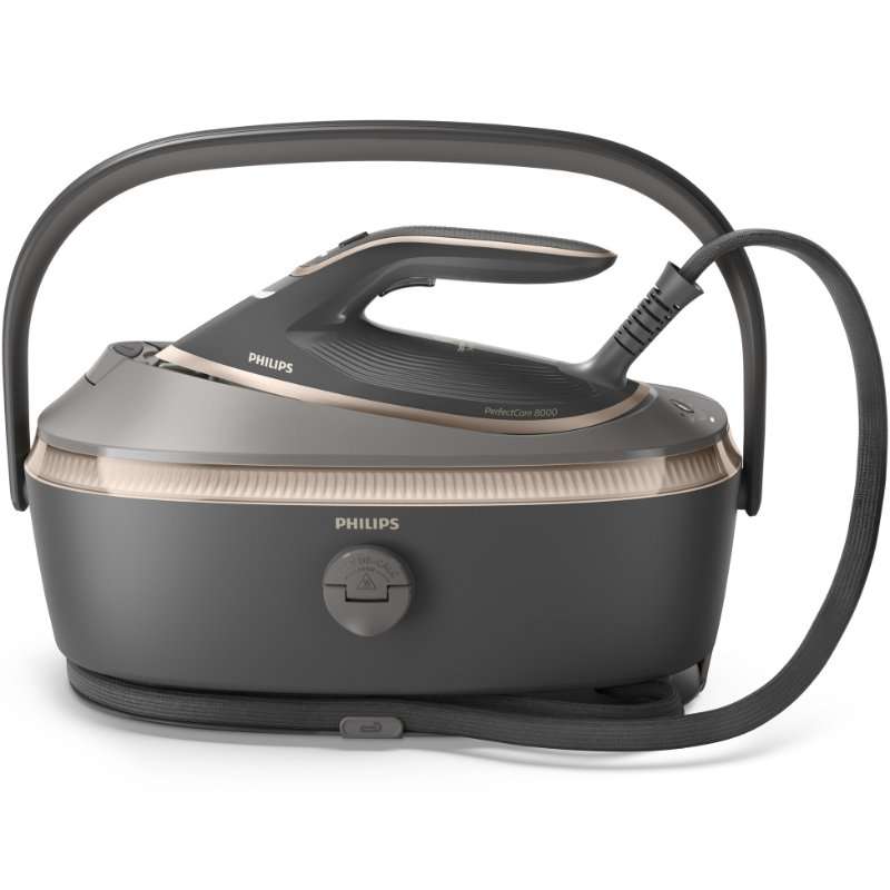 Парогенератор Philips серия 8000 PSG8200/80, Технология OptimalTEMP, Гарантирано без изгаряния, Макс. пара 210 гр/мин, Парна струя 750 гр, Резервоар 1,4 л, Плоча SteamGlide Elite, ЕКО режим, Автоматично изключване за безопасност, Сив