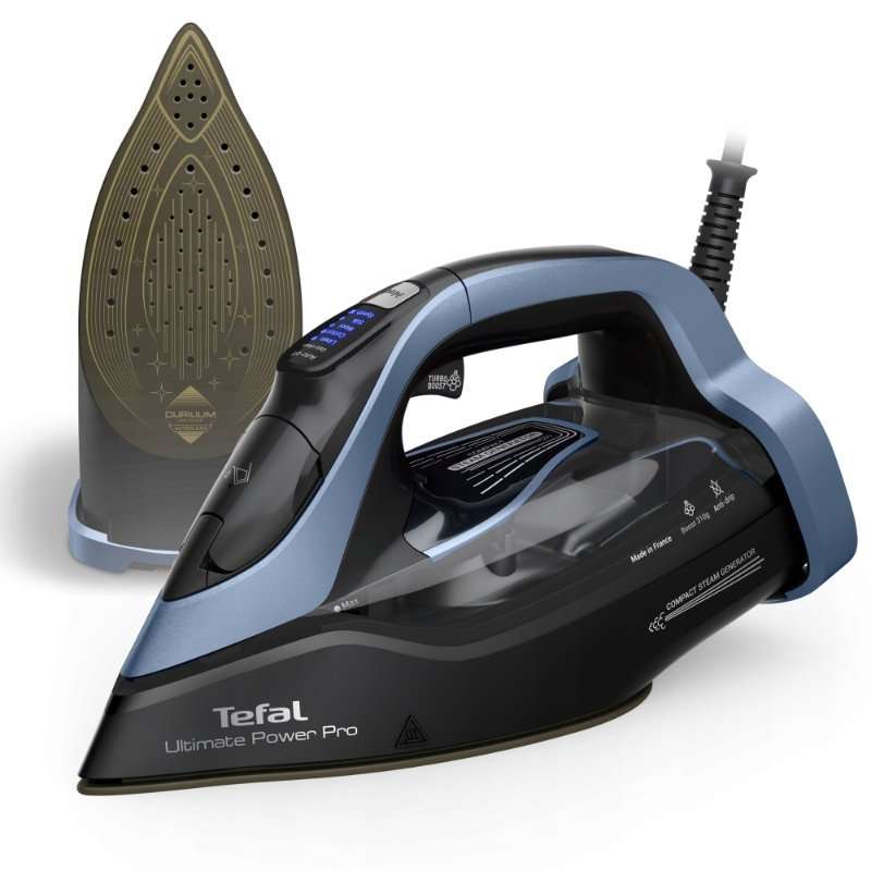 Парна ютия Tefal Ultimate Power Pro FV9E53E0, 3200 W, парна струя 310 г/мин, променлива пара 0-85 г/мин, резервоар за вода 350 мл, плоча Durilium AirGlide AutoClean, автоматично изключване, черна и синя