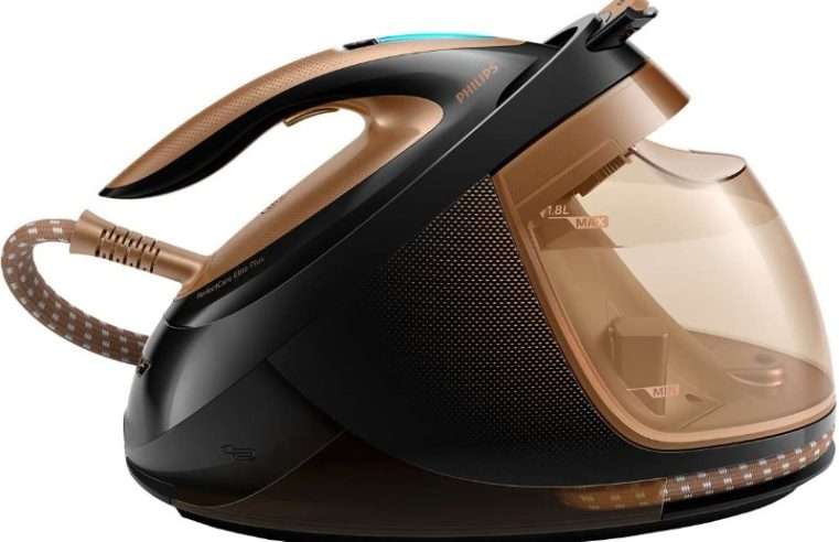 Парогенератор Philips PerfectCare Elite Advanced GC9682/80, 2700 W, 8 бара, Непрекъсната парна струя 165 гр/мин, Парна струя 600 гр, T-ionicGlide подметка, OptimalTemp технология, 1.8 л резервоар, Easy De-Calc Plus система, Gold/Black