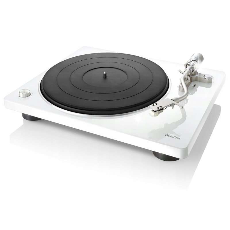 Грамофон Denon DP-400, ръчен, бял, с S-образна рамо, с подвижен капак, комплект с MM доза